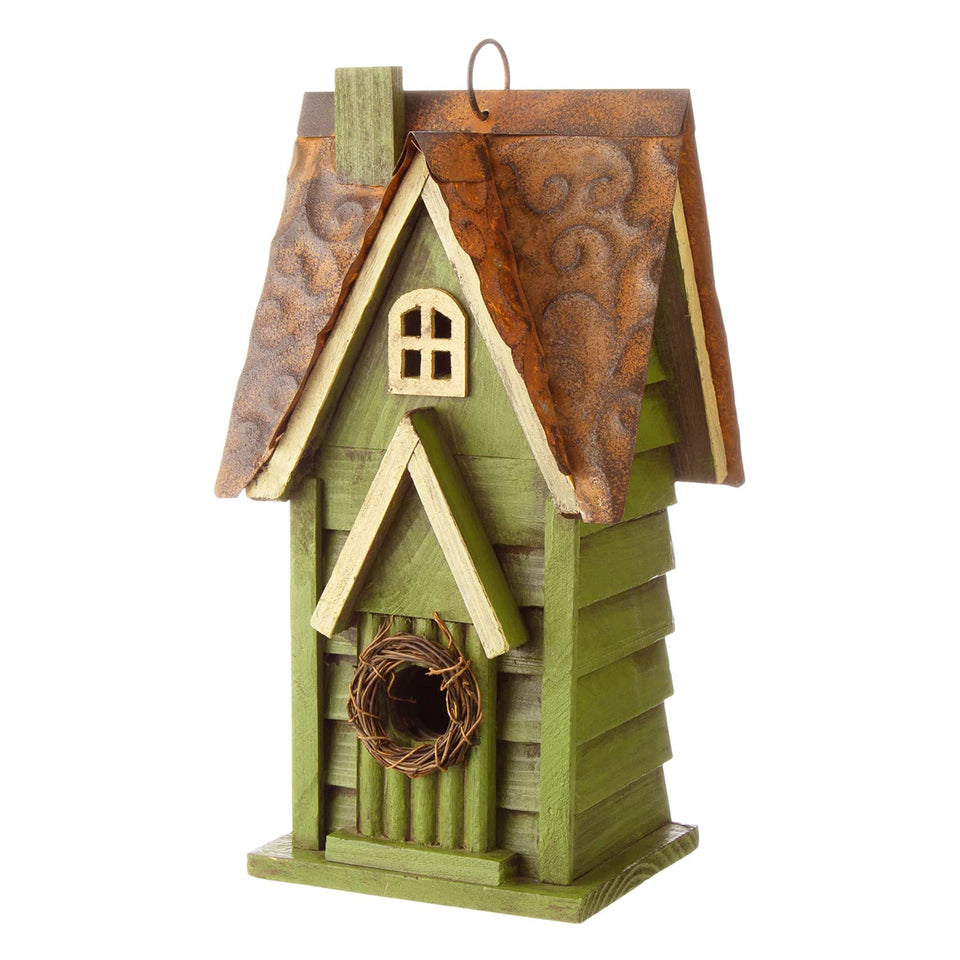 Glitzhome 12-inch green hanging bird house adds a charming garden focal point.