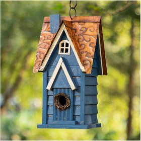Glitzhome bird house outdoor blue distressed hanging with ring for easy garden decor and nesting