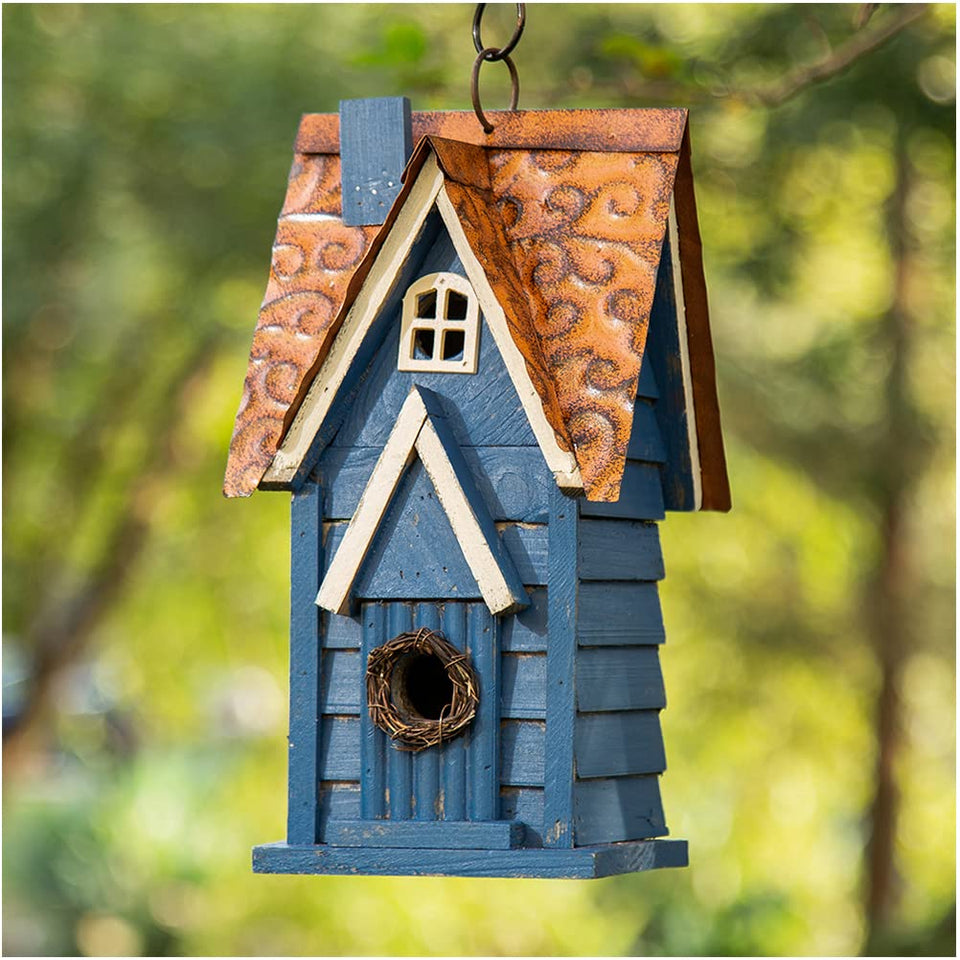 Glitzhome bird house outdoor blue distressed hanging with ring for easy garden decor and nesting