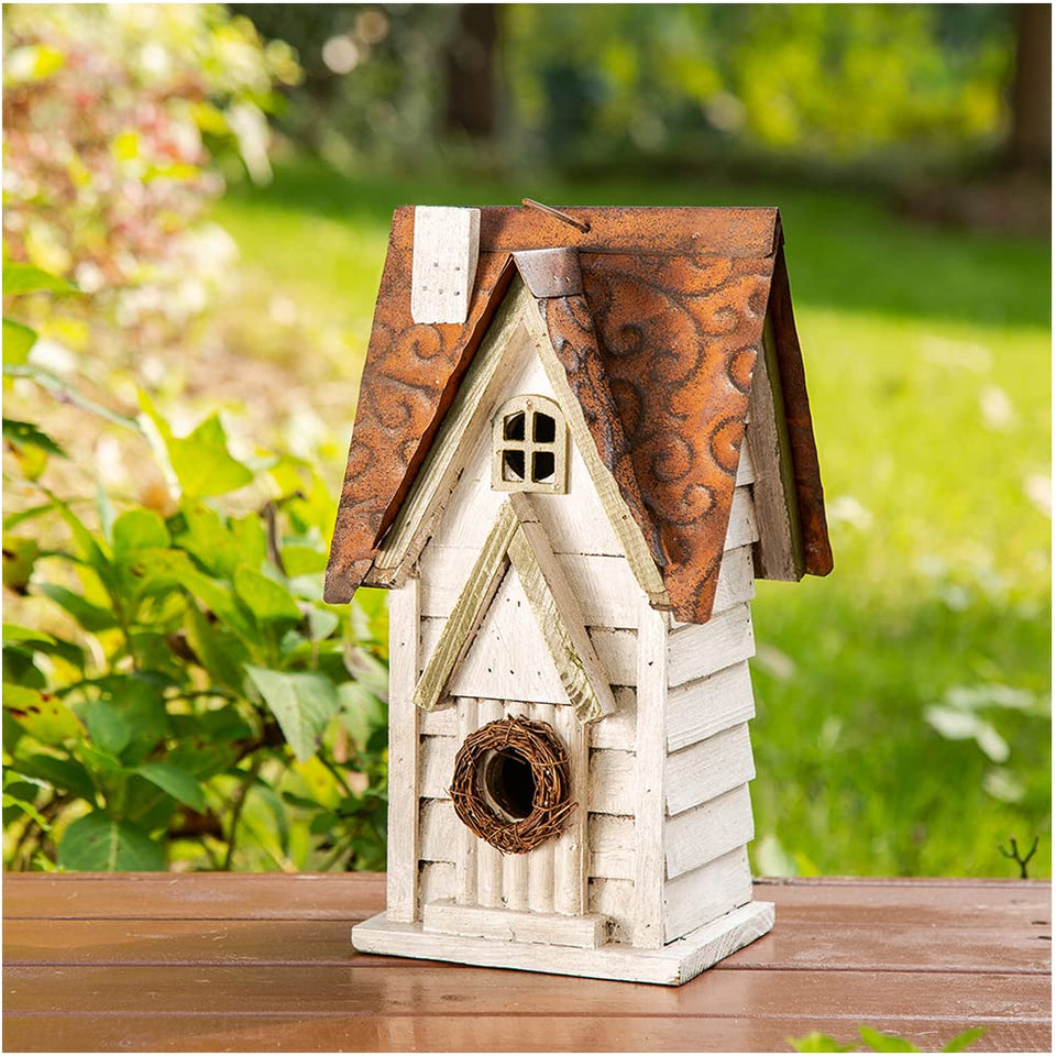 Glitzhome bird house front view with washed white distress aids garden decor and nesting