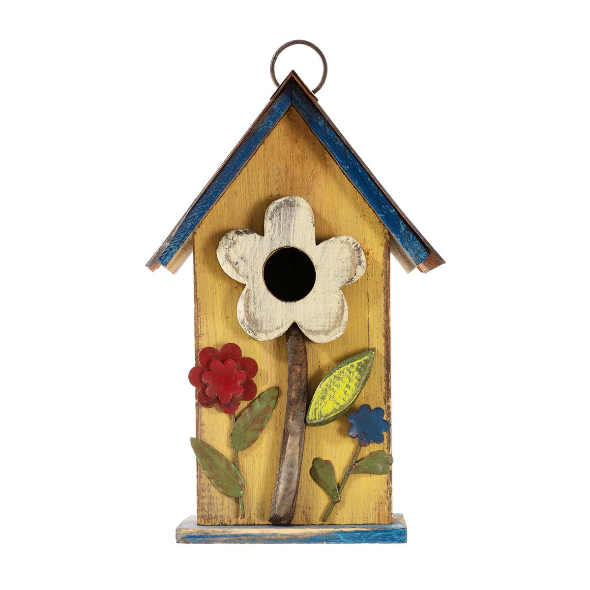 Glitzhome bird house with yellow flower front view, inviting garden birds