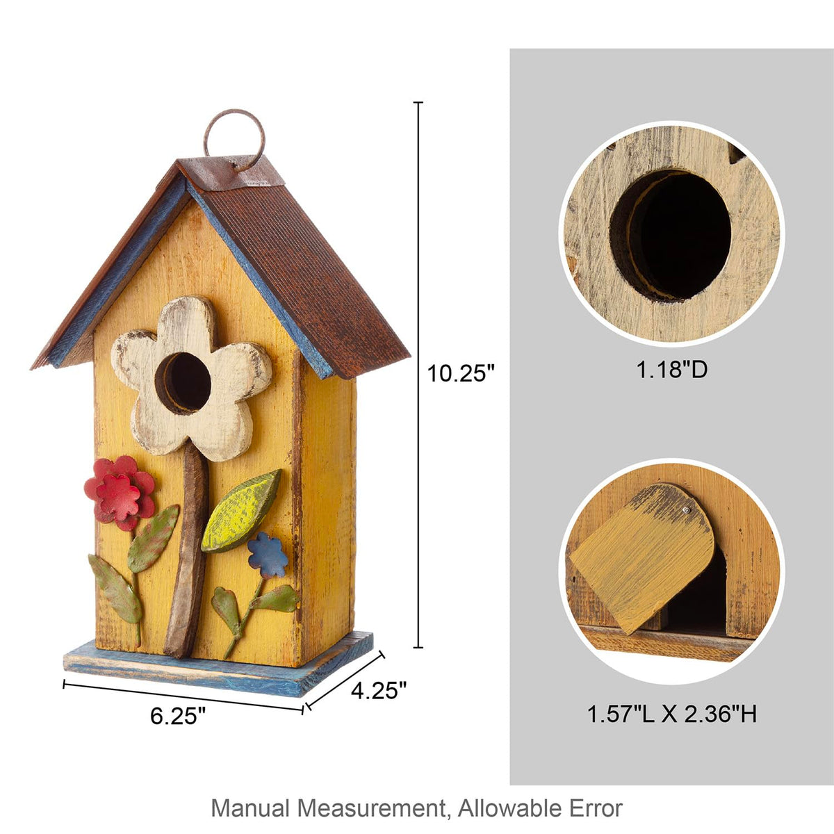 Glitzhome hanging bird house side view showing rustic cottage appeal