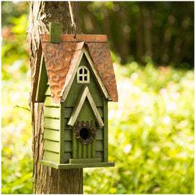 Glitzhome green distressed wood bird house closeup shows rustic handmade charm.
