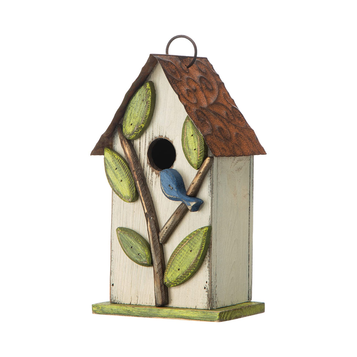 Glitzhome hanging birdhouse with distressed wood and leaf design for outdoor décor.