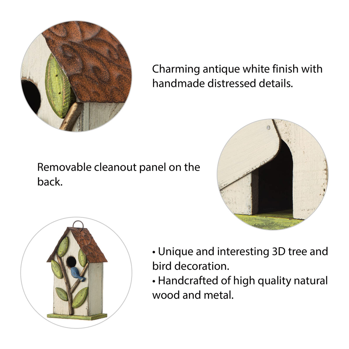 Glitzhome small birdhouse shows 1.18-inch entrance for tiny visitors.