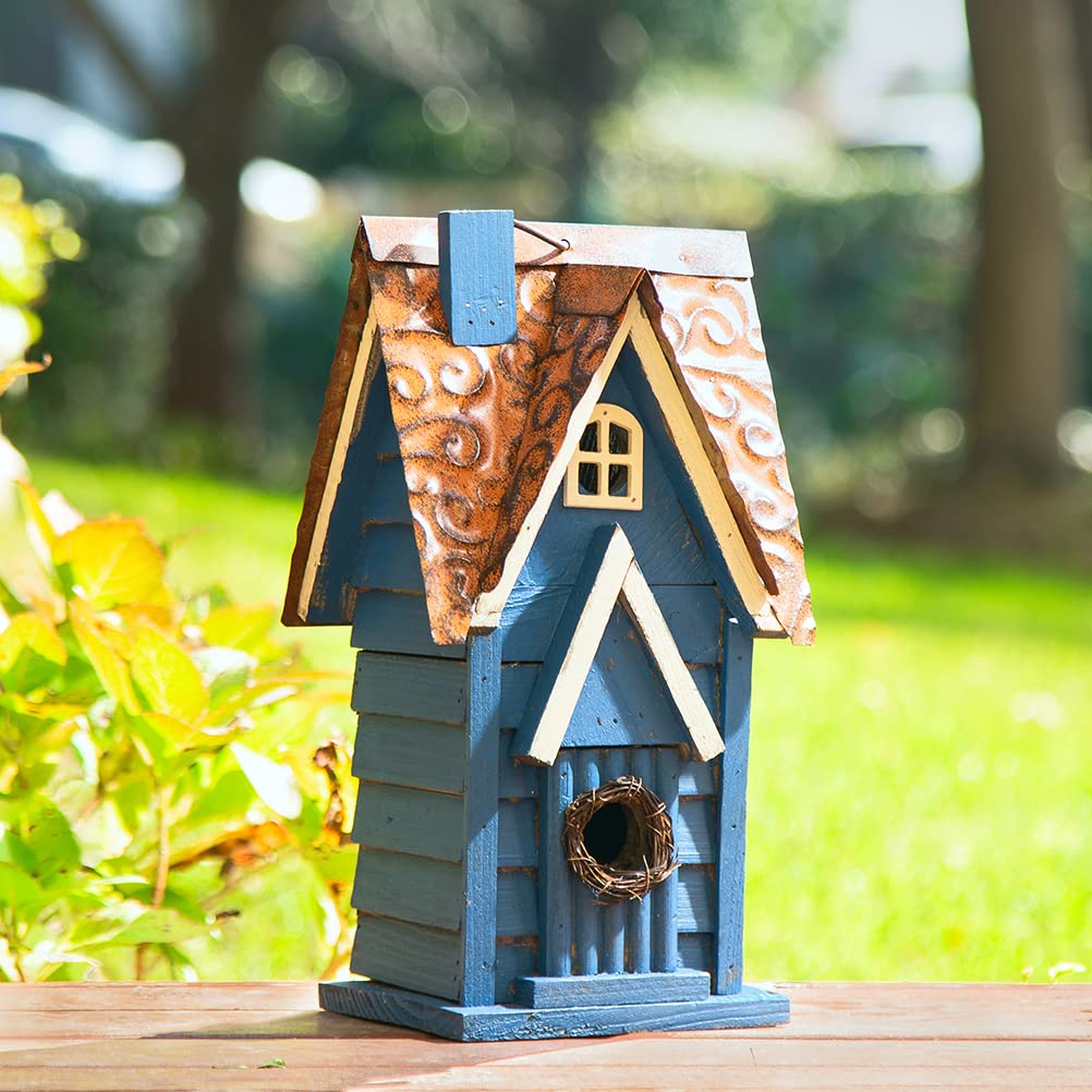 Glitzhome wooden bird house blue retro finish front view highlights rustic charm for yards