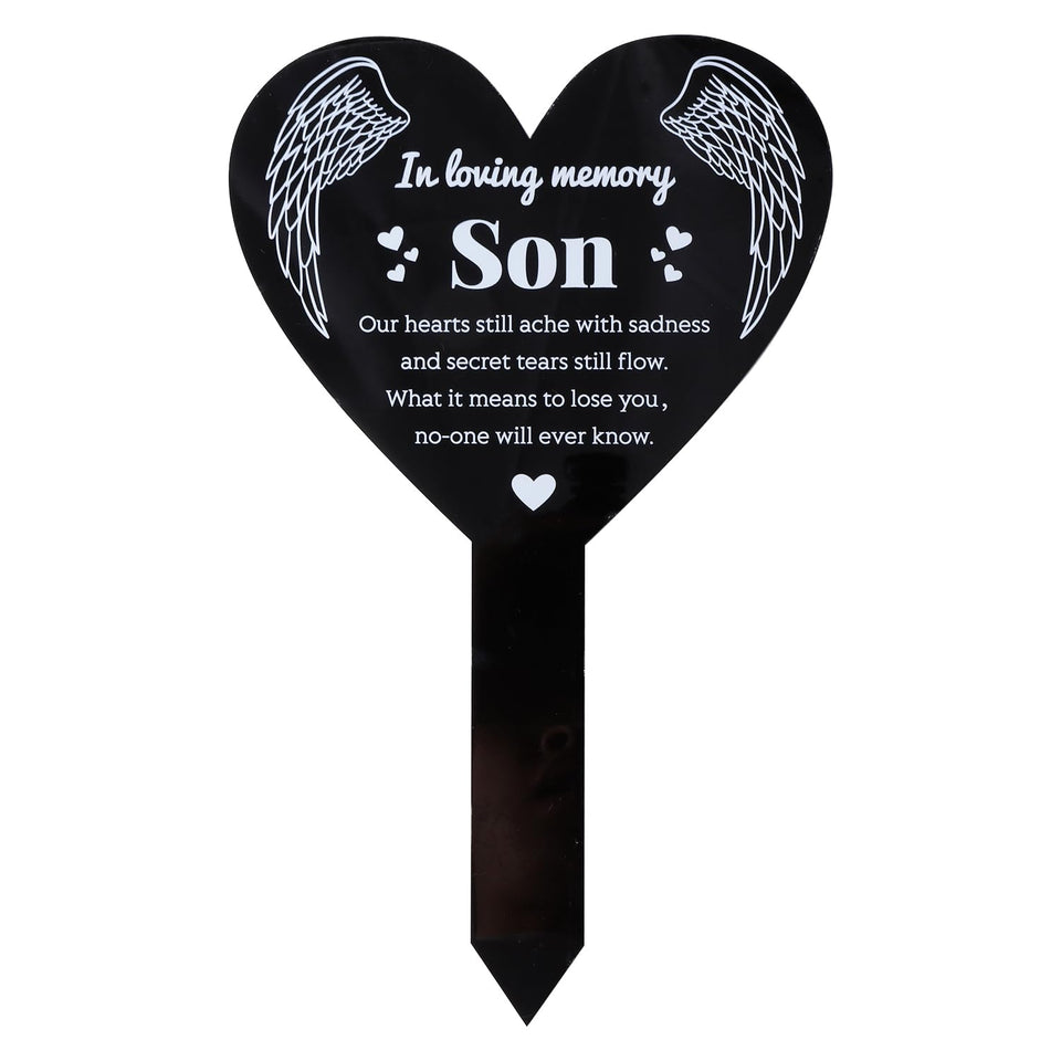 GLOBLELAND heart-shaped son stake with angel wings for a lasting garden memory.