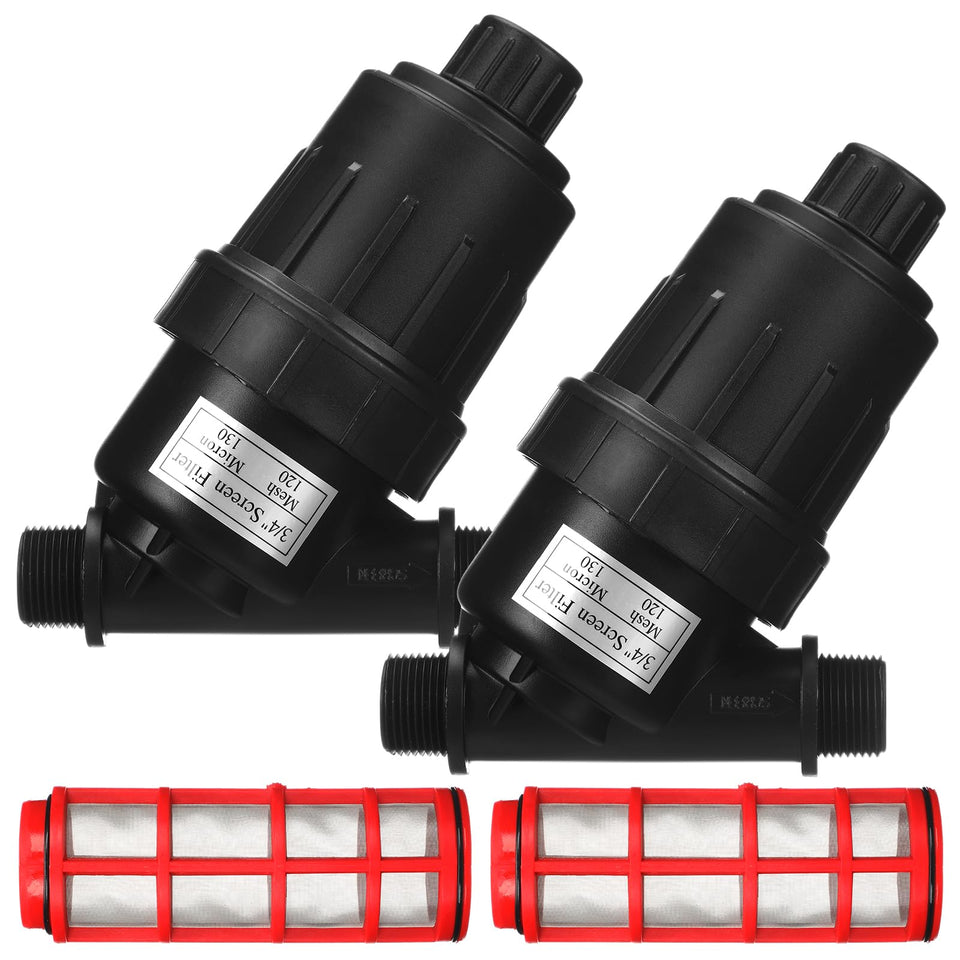 Glooglitter inline Y filter with 120 mesh screen protects drip emitters and reduces clogs.