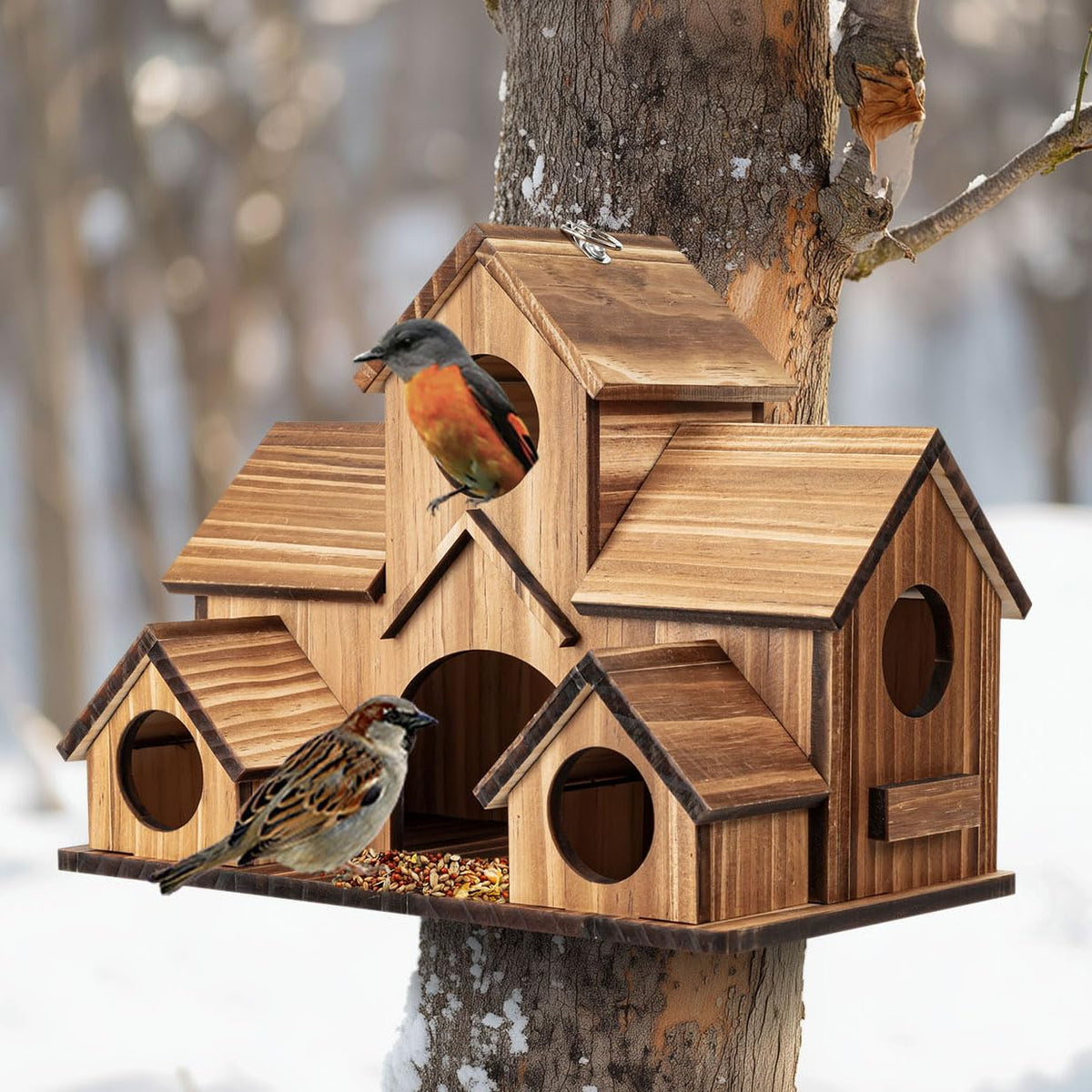 GLOPHOK cedar 5-hole bird house in outdoor garden inviting bluebirds and finches