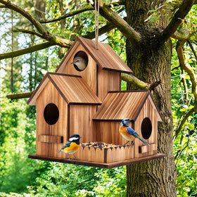 GLOPHOK outdoor 3-hole birdhouse with feeding platform promotes easy birdwatching