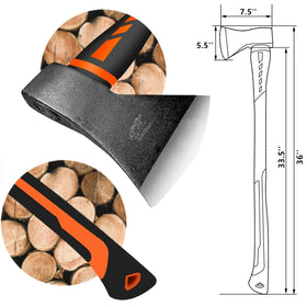 Glorousamc chopping axe full handle shot highlights the long fiberglass grip for leverage.
