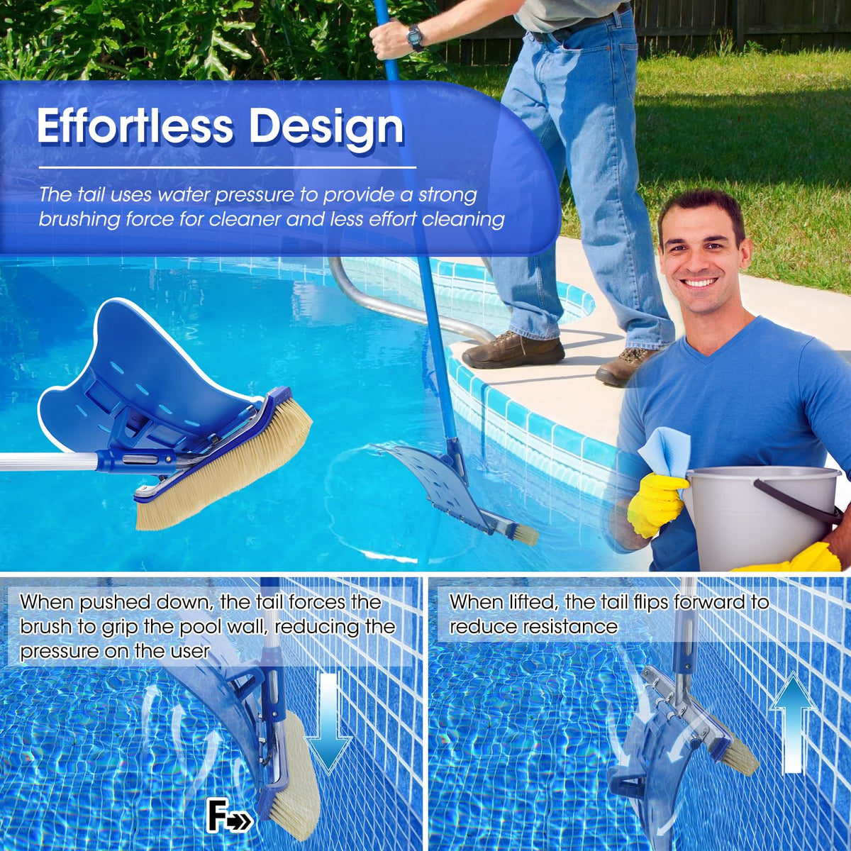 Glosaie pool brush tail in adjustable-angle mode for wall brushing.