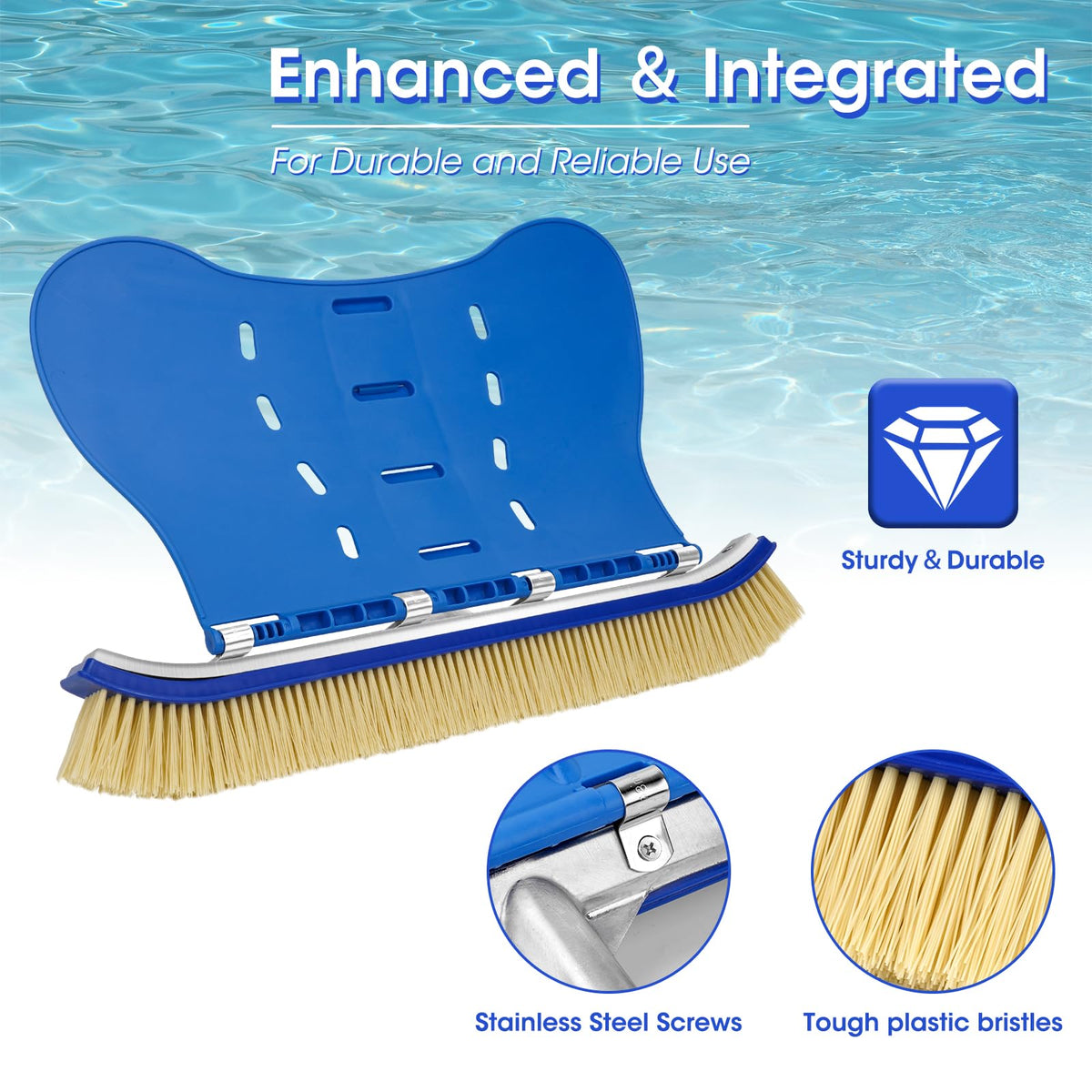 Glosaie pool brush attached to a pole for easy handling.