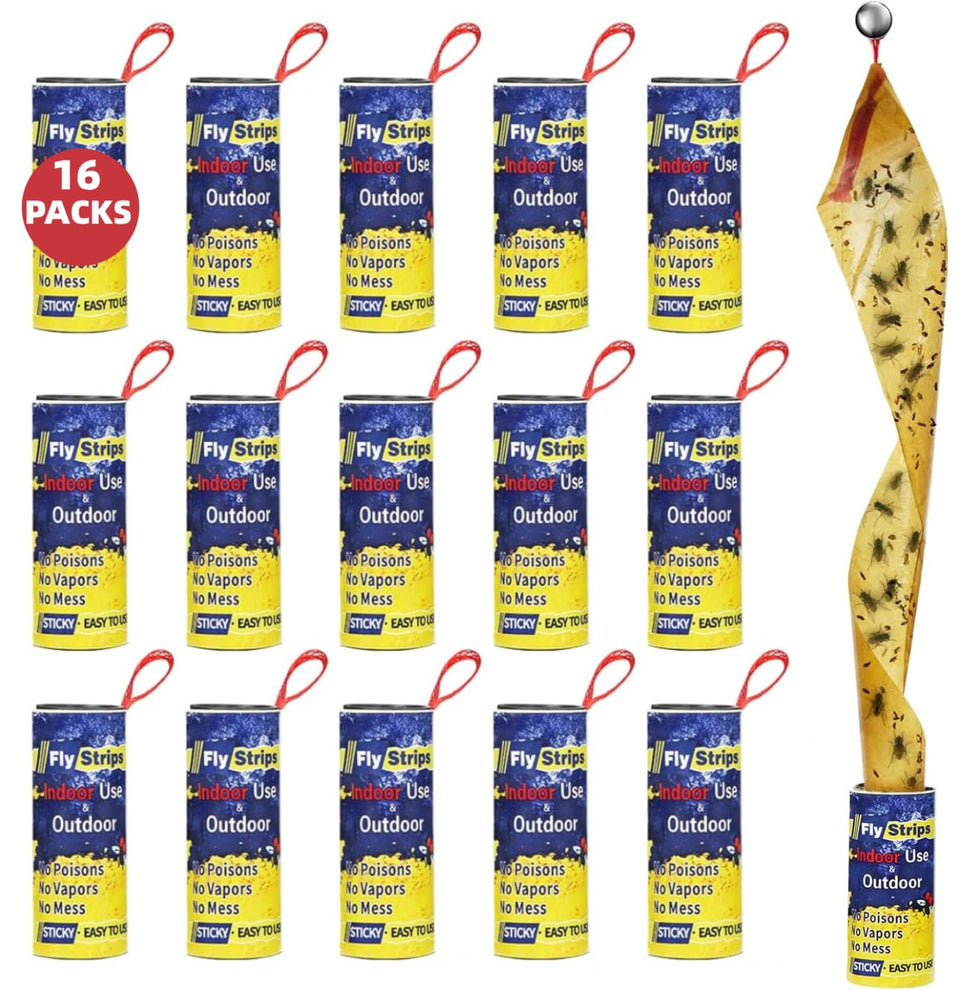 Glovv 16-pack fly traps strips for indoor/outdoor use capture flies effectively.