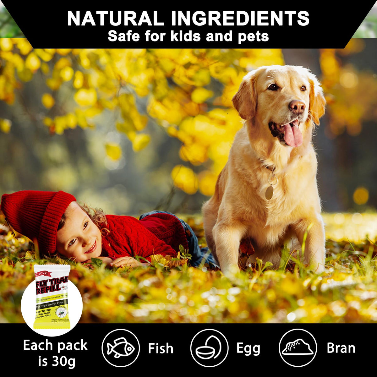 Glovv bait dissolves quickly in water to attract flies.