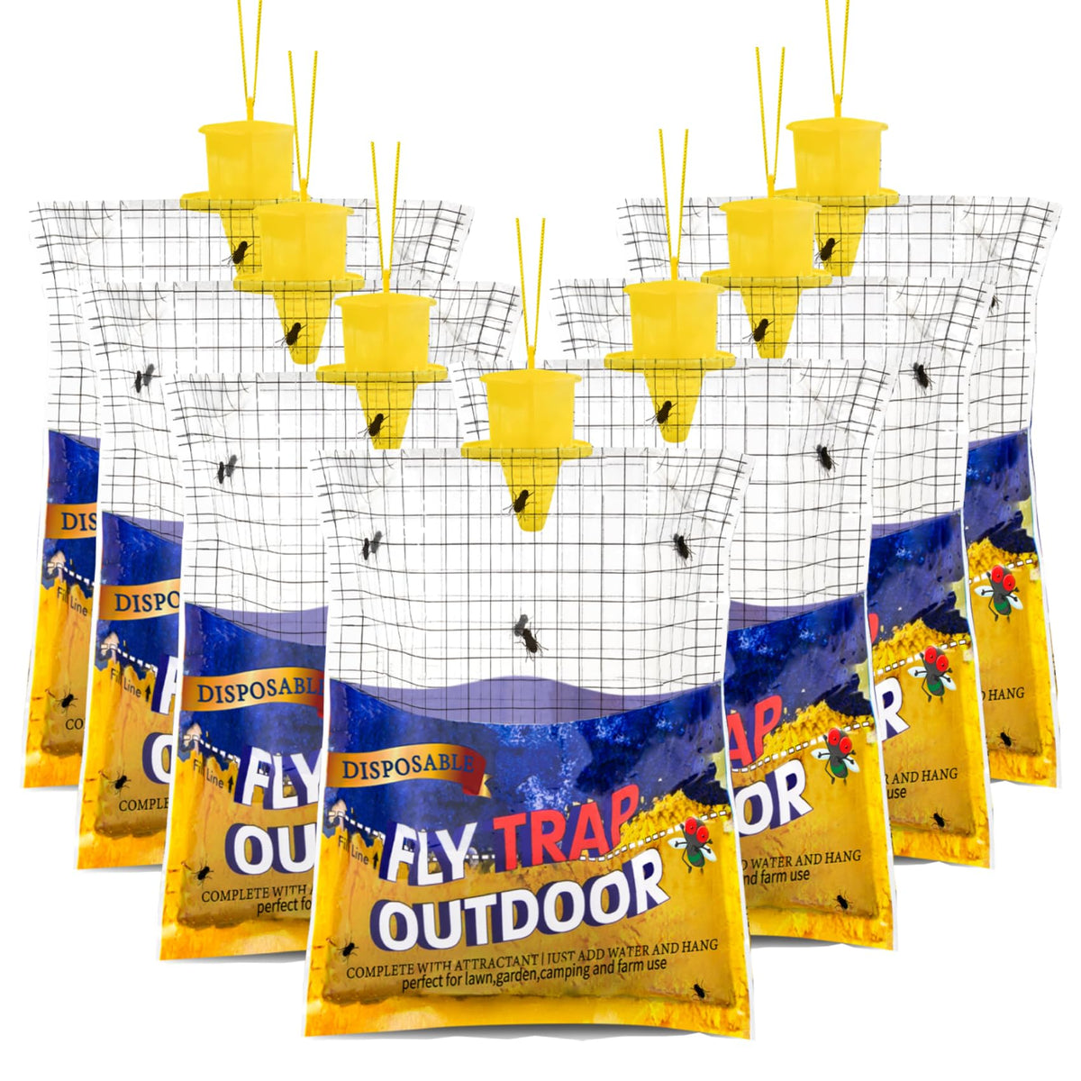 Glovv disposable fly trap bags hanging outdoors attract flies with bright colors
