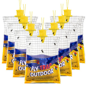 Glovv disposable fly trap bags hanging outdoors attract flies with bright colors