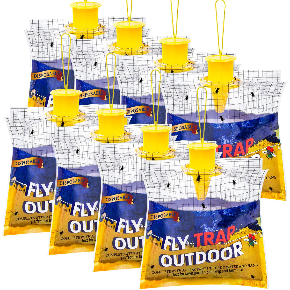 Glovv disposable fly traps hanging outdoors attract flies with yellow-blue cues for practical control.