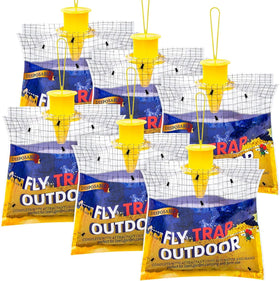 Glovv disposable fly traps hanging outdoors attract flies with color lure.