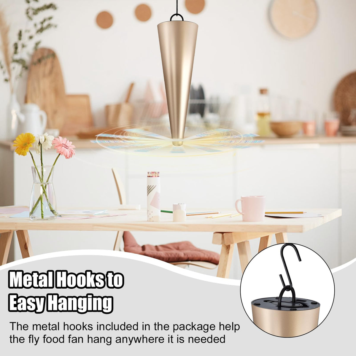 Glovv Fly Fans with a hang hook for easy storage and placement.