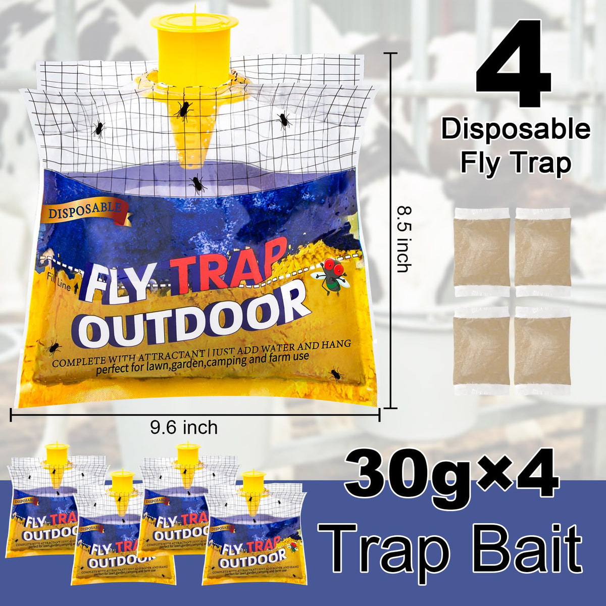 Glovv fly trap bags in yellow and blue lure insects in garden settings.