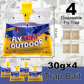 Glovv fly trap bags in yellow and blue lure insects in garden settings.
