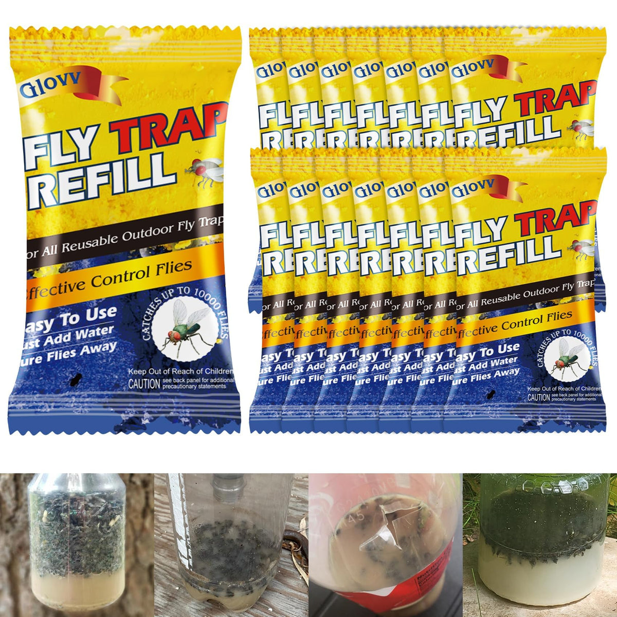 Glovv fly trap bait refills packets ready for quick outdoor setup.