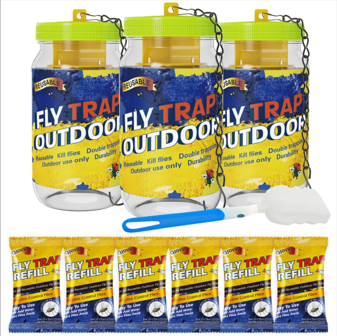 Glovv fly trap jar with yellow-blue attractors lures flies outdoors for pest control