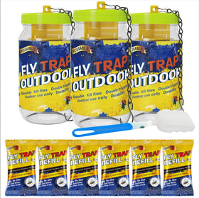Glovv fly trap jar with yellow-blue attractors lures flies outdoors for pest control