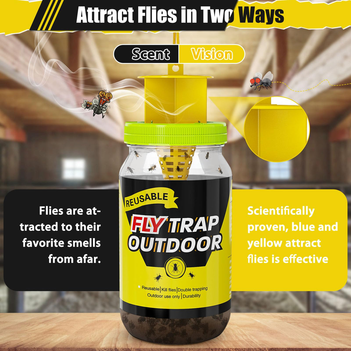 Glovv fly trap with yellow lure attracts flies outdoors.