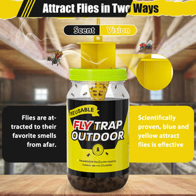 Glovv fly trap with yellow lure attracts flies outdoors.