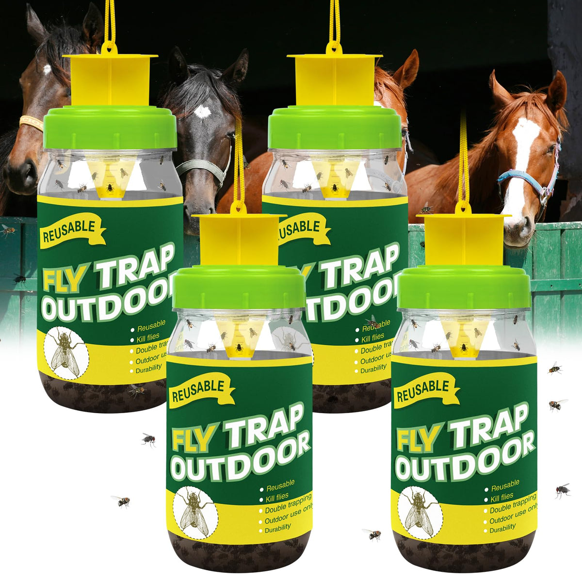 Glovv four-pack reusable fly traps for outdoor use attract flies with color and scent.