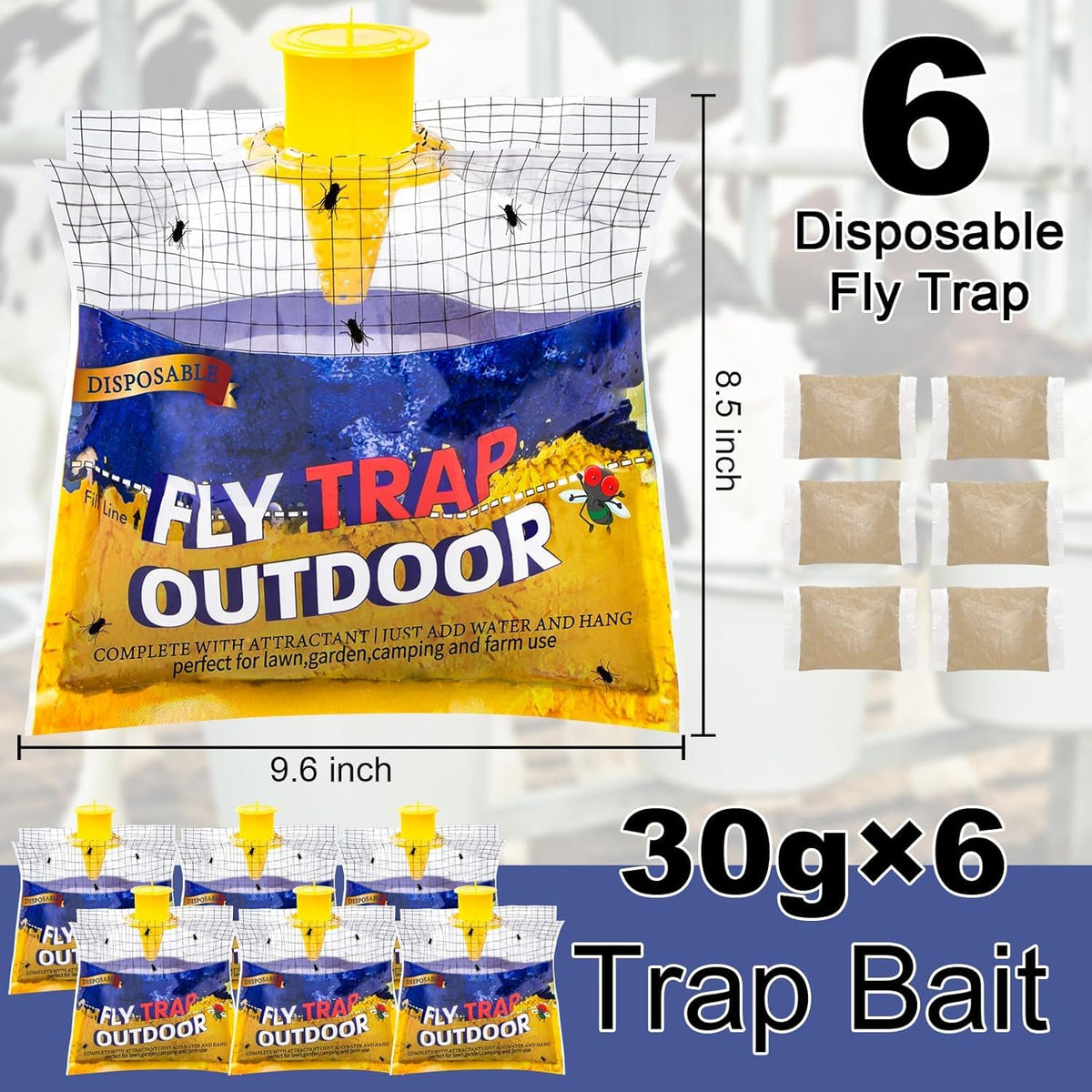 Glovv fly traps with natural pre-bait refill for garden and farm use.