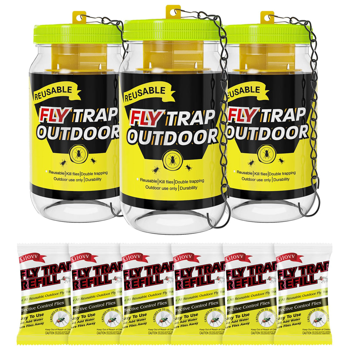 Glovv reusable fly trap bottle for outdoor control of nuisance flies.