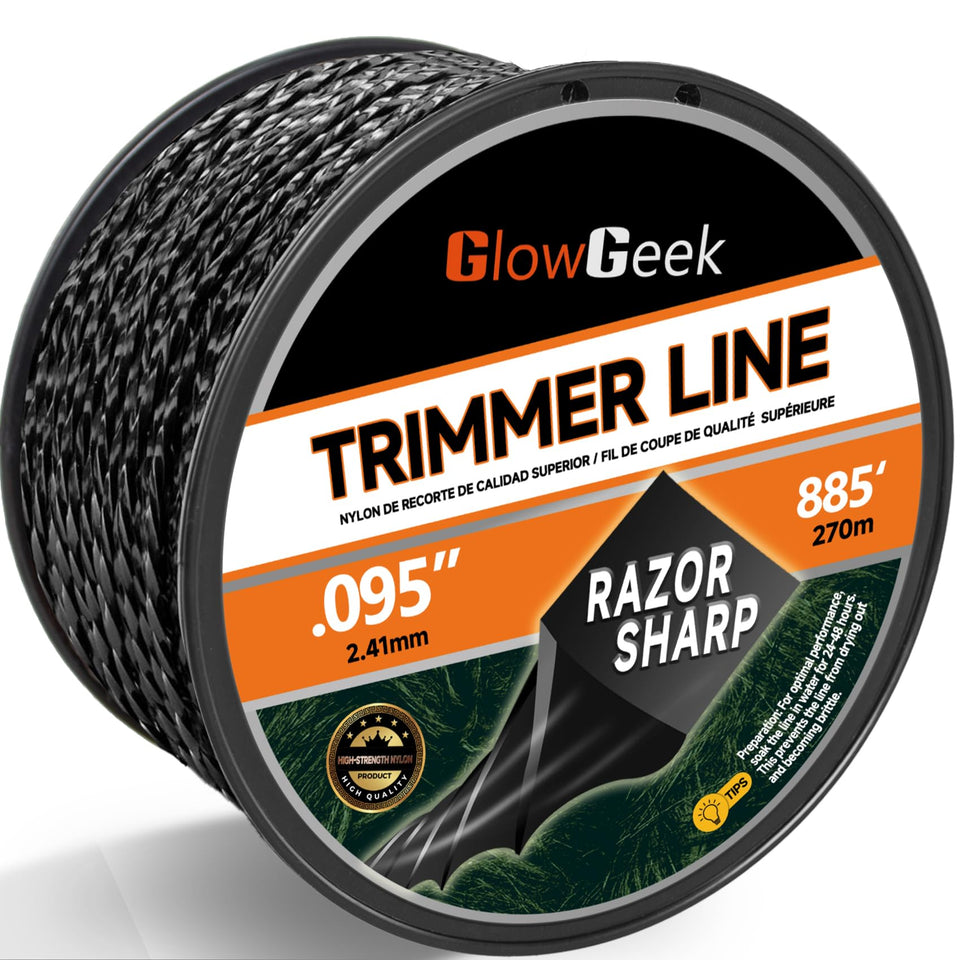 GlowGeek twisted trimmer line, 0.095 inch, 885 ft, for smoother cuts and reduced engine strain.