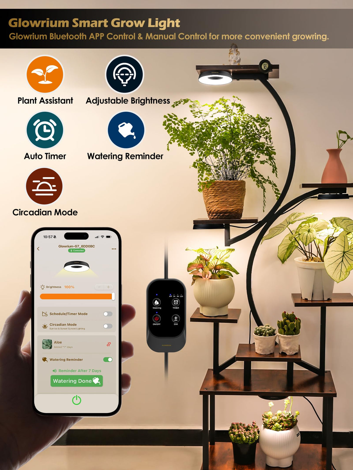 GLOWRIUM Grow Lights automatic timer panel enables scheduling.