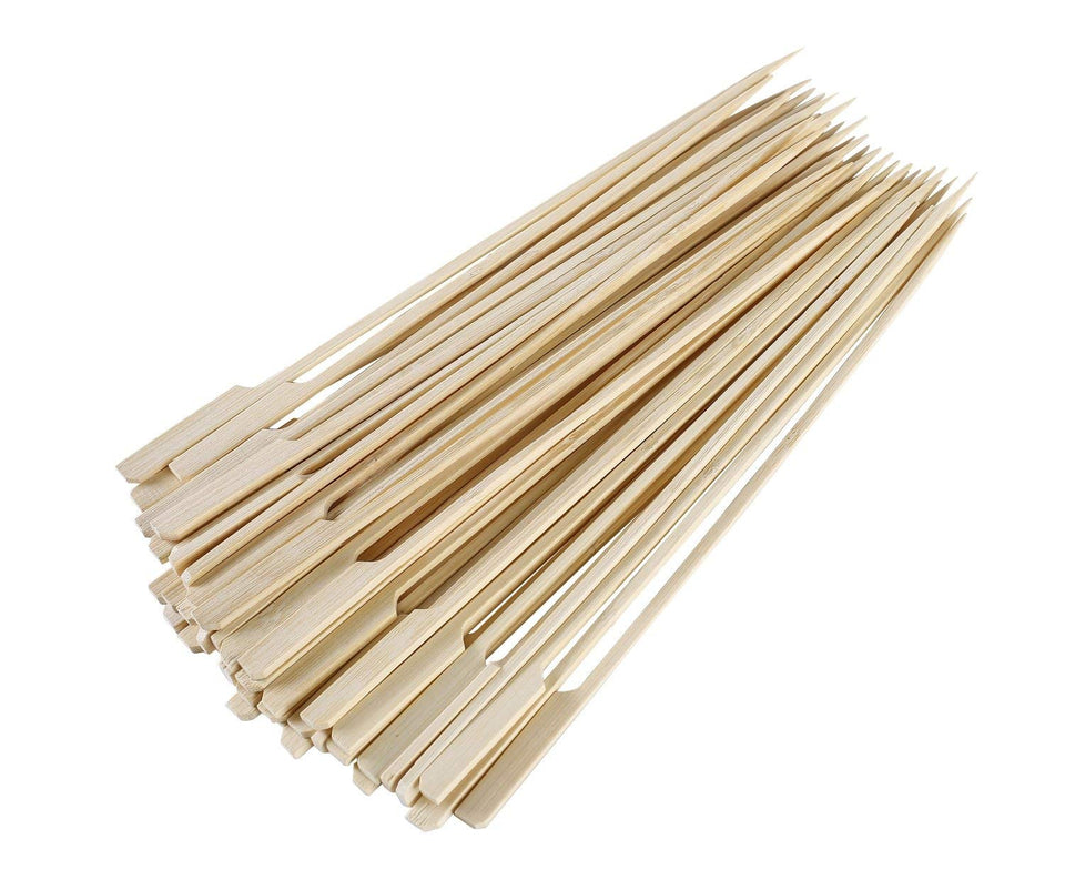 Gmark 12-inch bamboo paddle skewers pack for grill prep and even cooking.