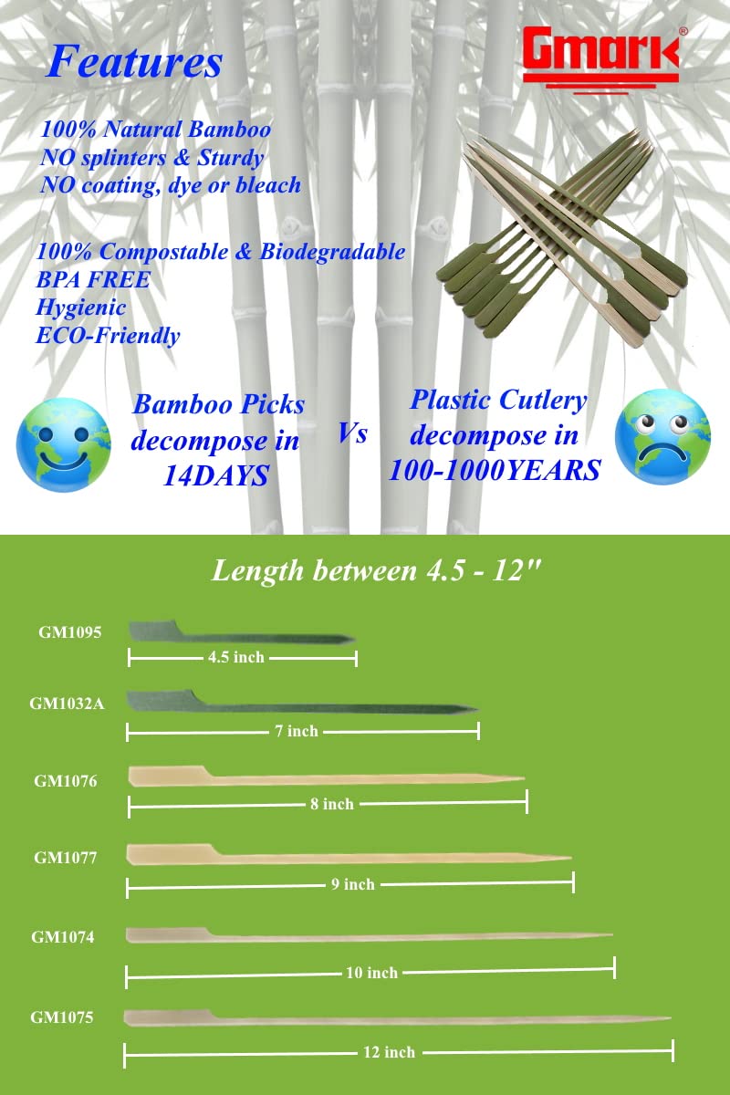 Gmark natural-color bamboo paddle skewers add rustic appeal for serving.