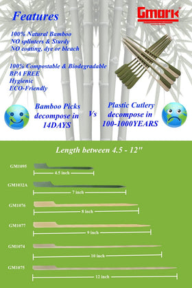 Gmark natural bamboo skewers close-up, eco-friendly and food-safe for appetizers
