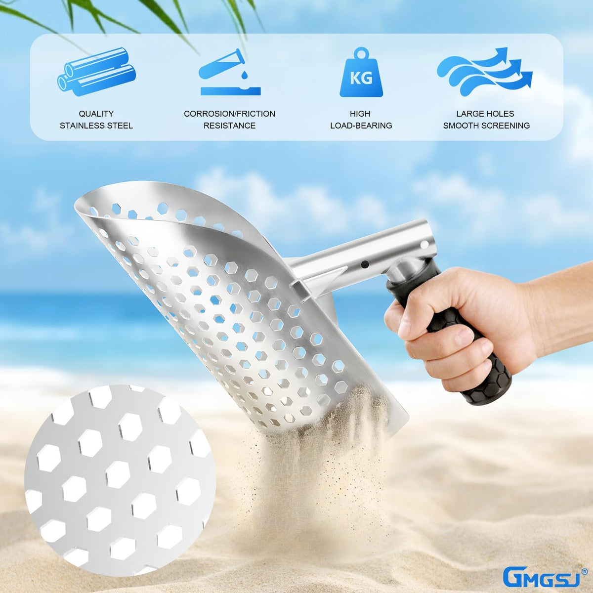 GMGSJ rust-resistant stainless steel scoop withstands harsh beach conditions.