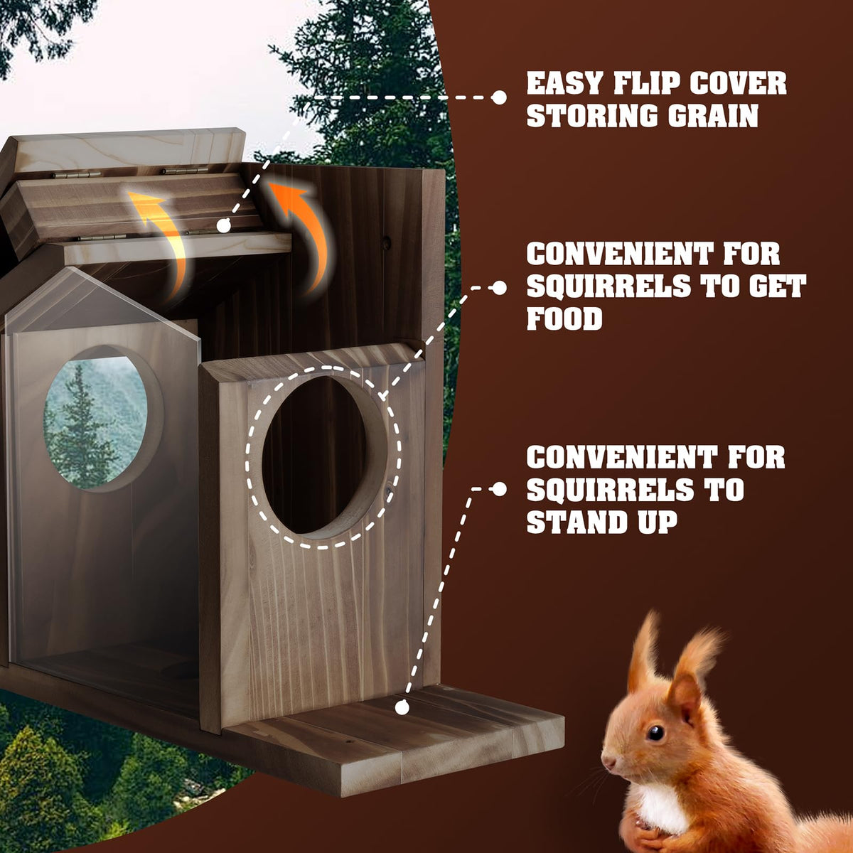 Gnodry Squirrel Feeder garden scene welcoming backyard wildlife in walnut brown.