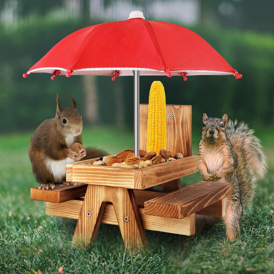 Gnodry Squirrel Feeder with Umbrella shields meals outdoors