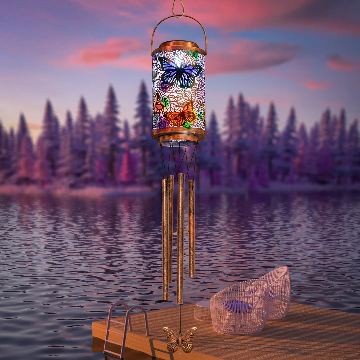 Go2garden Butterfly Solar Wind Chimes night ambience with glow