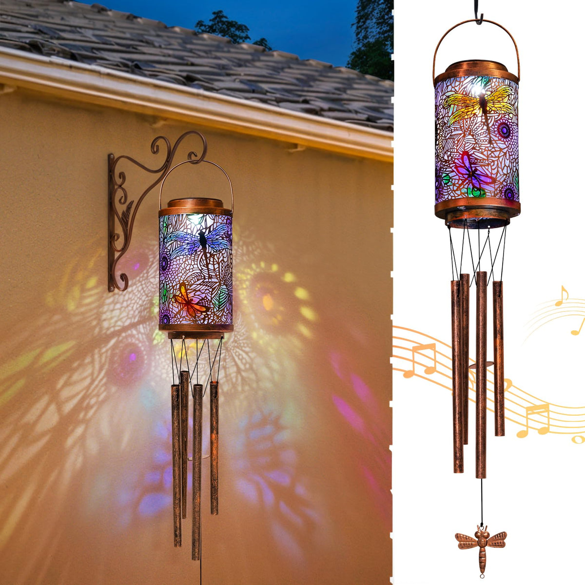 Go2garden Dragonfly solar lights wind chimes illuminate outdoor spaces at night.