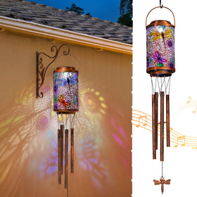 Go2garden Dragonfly solar lights wind chimes illuminate outdoor spaces at night.