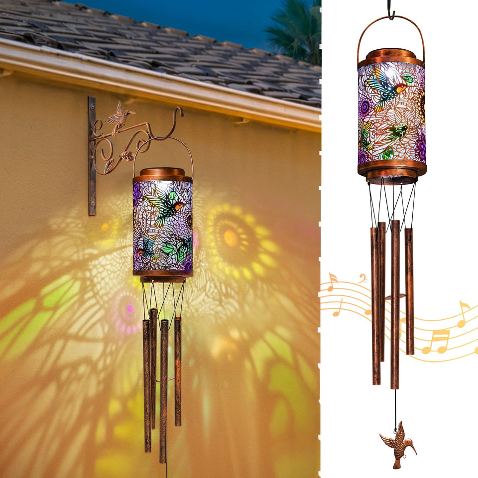 Go2garden hummingbird solar wind chime pattern glows softly for magical garden ambiance.