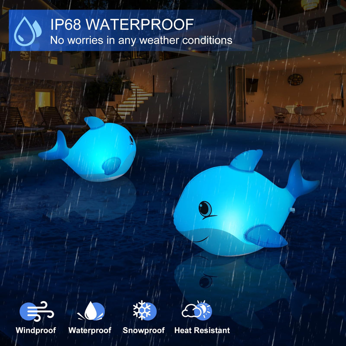 IP68 waterproof Goallim dolphin float withstands splashes, wind, and waves for reliable outdoor décor.