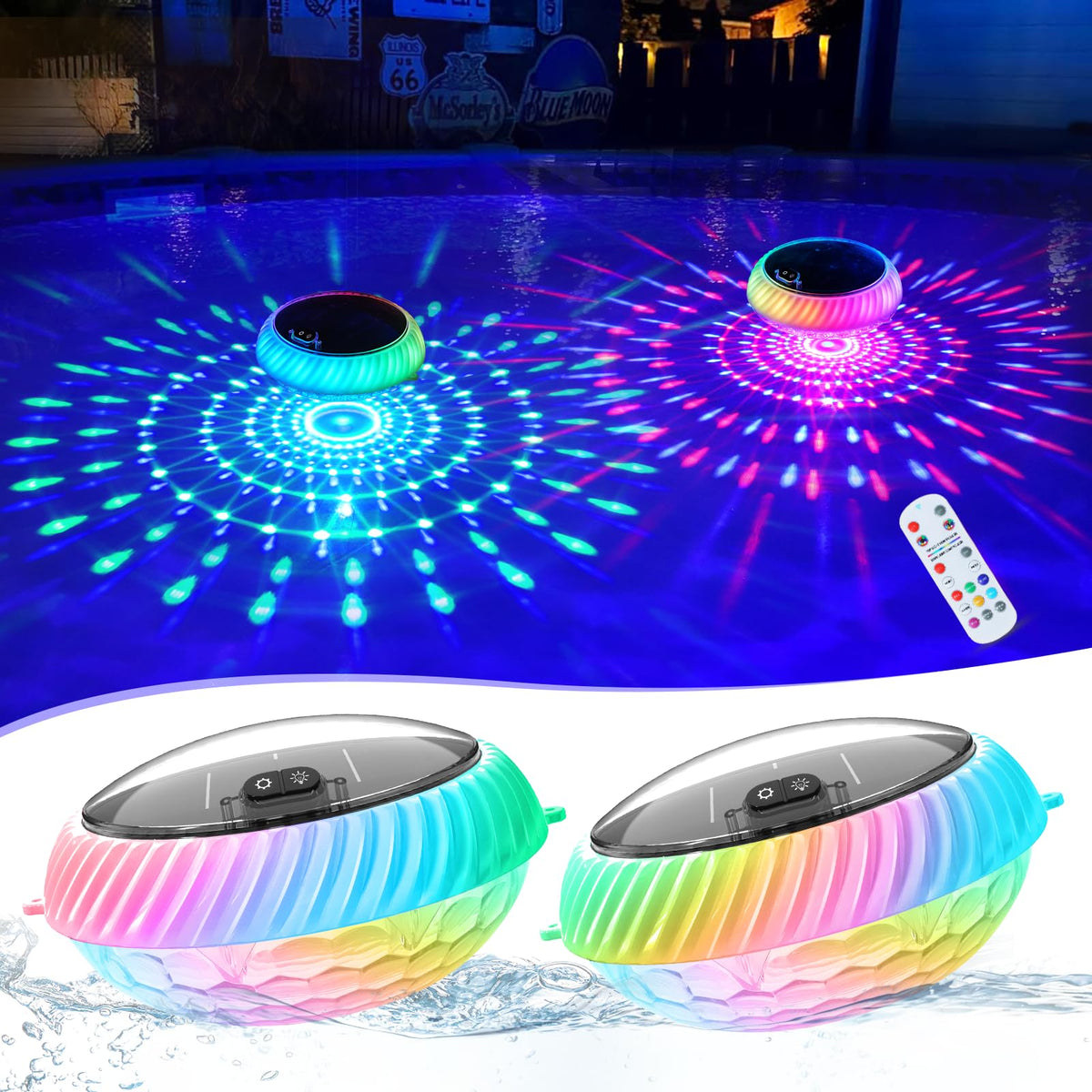 Goallim floating pool light top view shows vibrant RGB colors for surface ambiance.