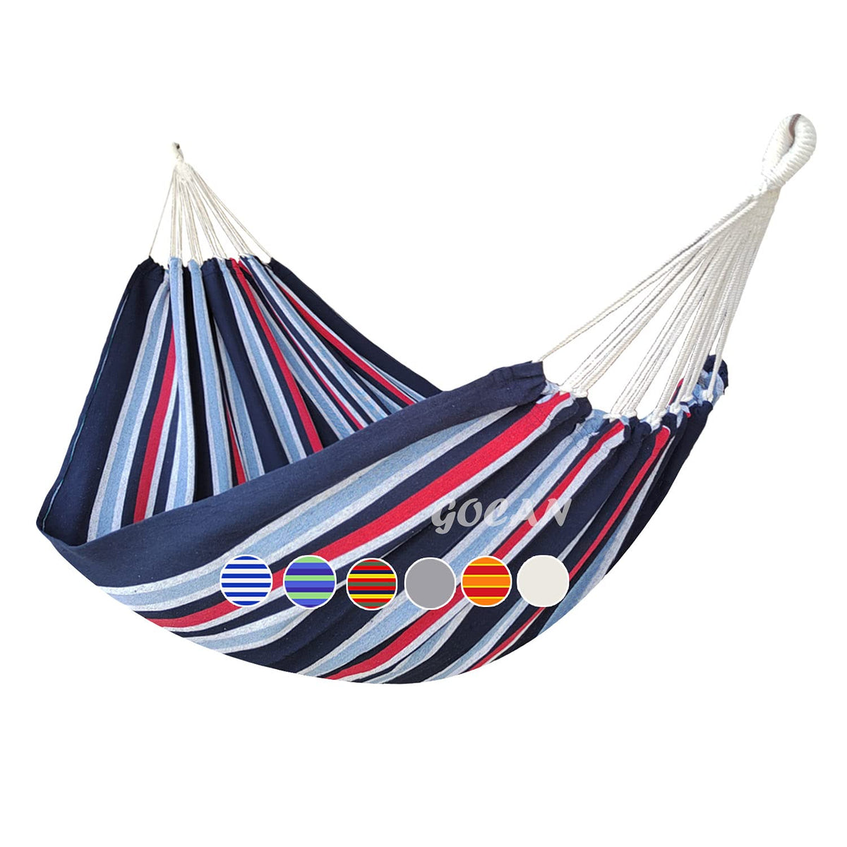 GOCAN Brazilian double hammock in dark blue, extended for outdoor lounging.