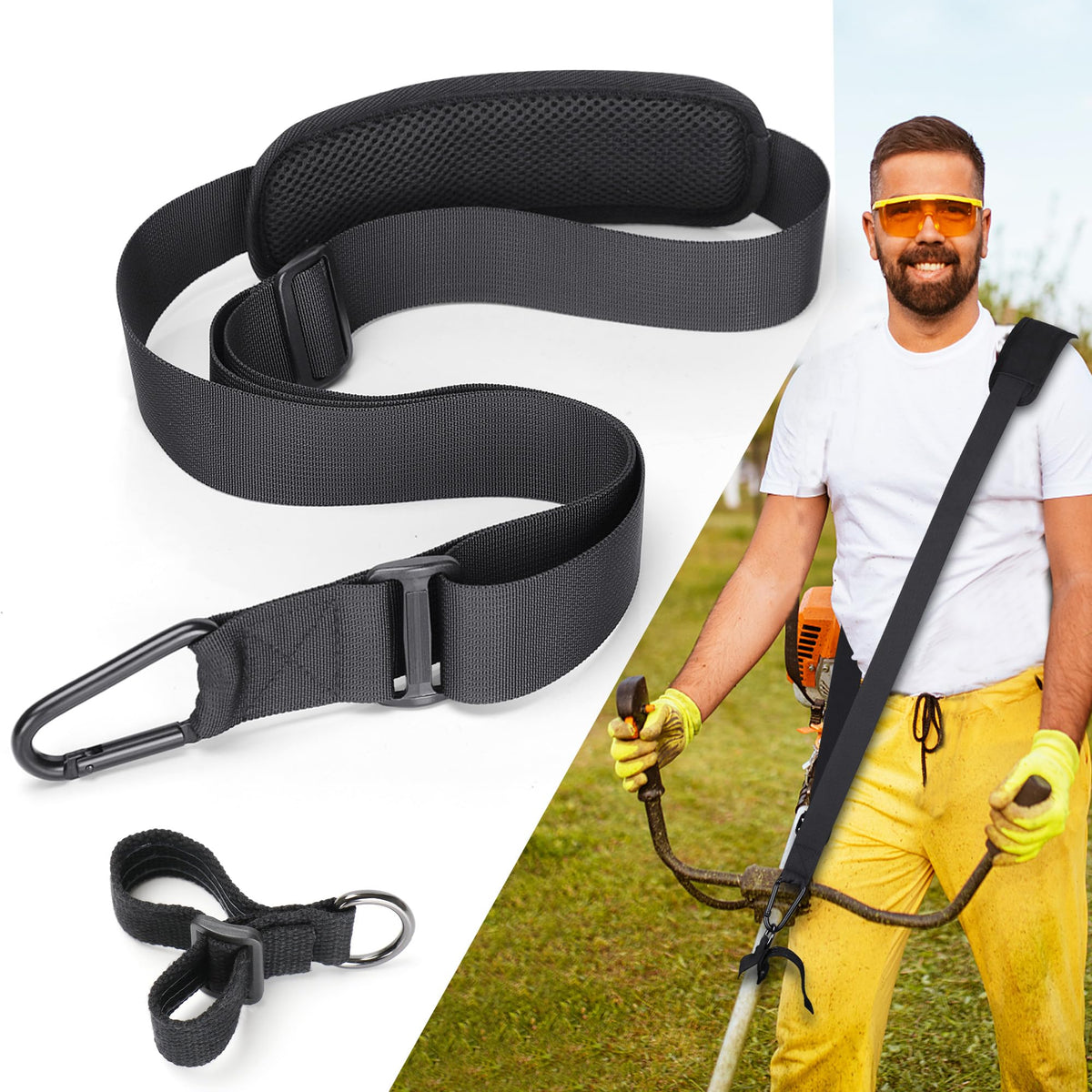 GodFan trimmer strap with metal clip secures tools during extended yard work.